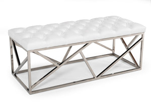 VIG Furniture Lindsey Tufted White Leatherette Bench With Polished Stainless Steel Angled Base – Hotel-Inspired Seating VGRH-RHS-OT-201-WHT