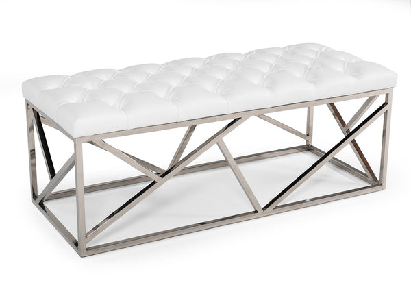 VIG Furniture Lindsey Tufted White Leatherette Bench With Polished Stainless Steel Angled Base – Hotel-Inspired Seating VGRH-RHS-OT-201-WHT