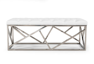 VIG Furniture Lindsey Tufted White Leatherette Bench With Polished Stainless Steel Angled Base – Hotel-Inspired Seating VGRH-RHS-OT-201-WHT