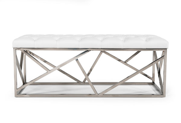 VIG Furniture Lindsey Tufted White Leatherette Bench With Polished Stainless Steel Angled Base – Hotel-Inspired Seating VGRH-RHS-OT-201-WHT