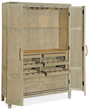 Hooker Furniture Surfrider Driftwood Bar Cabinet With Rattan Doors, Integrated Lighting, Wine Storage & Pull-Outs 6015-75160-80