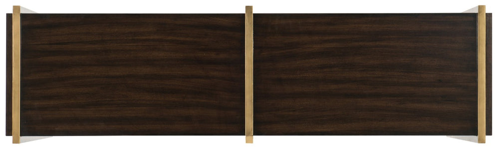 Hooker Furniture Melange Classic Credenza With Quatrefoil Glass Front, Black Walnut Veneer, Matte Gold Hardware —Elegant Storage And Media Console 638-85390-DKW