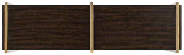 Hooker Furniture Melange Classic Credenza With Quatrefoil Glass Front, Black Walnut Veneer, Matte Gold Hardware —Elegant Storage And Media Console 638-85390-DKW
