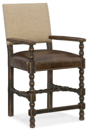 Hooker Furniture Comfort Counter Stool With Aniline Top-Grain Leather, Woven Back, Bronze Nailhead Trim, Rustic Charm 5960-25350-BLK