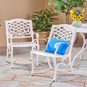 English Elm Phoenix Cast Aluminum Outdoor Dining Arm Chairs Ornate Lattice Scroll Garden Set White 54589.00WHI