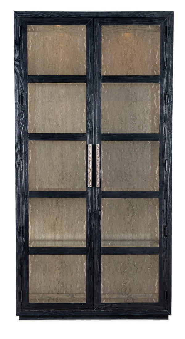 Hooker Furniture Linville Shou Sugi Ban Curio Cabinet — Charred-Black Pine, Mink Interior, Led Puck Lights, Adjustable Shelves 6150-75906-99