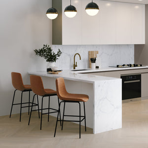 English Elm Jolie Counter Height Stools Set Of 2 - Stylish Camel Brown Vegan Leather For Modern Spaces B136P158759