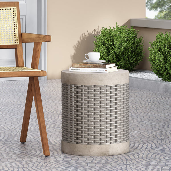 English Elm Outdoor Concrete Round Side Table Basket Weave Texture Patio Balcony Accent 73432.00
