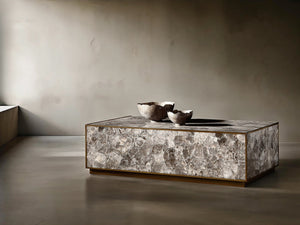 Bernhardt Bernhardt Tildon Smoky Quartz Cocktail Table With Aged Brass Frame, Casters & Bold Rectangular Silhouette 347007