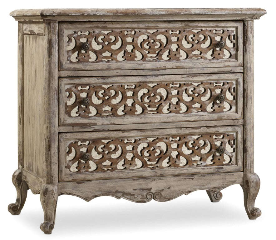 Hooker Furniture Chatelet Caramel Froth Nightstand With Fretwork & Mirrored Panels, 3 Wallpaper-Lined Drawers, Outlet 5351-90016