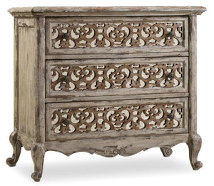 Hooker Furniture Chatelet Caramel Froth Nightstand With Fretwork & Mirrored Panels, 3 Wallpaper-Lined Drawers, Outlet 5351-90016