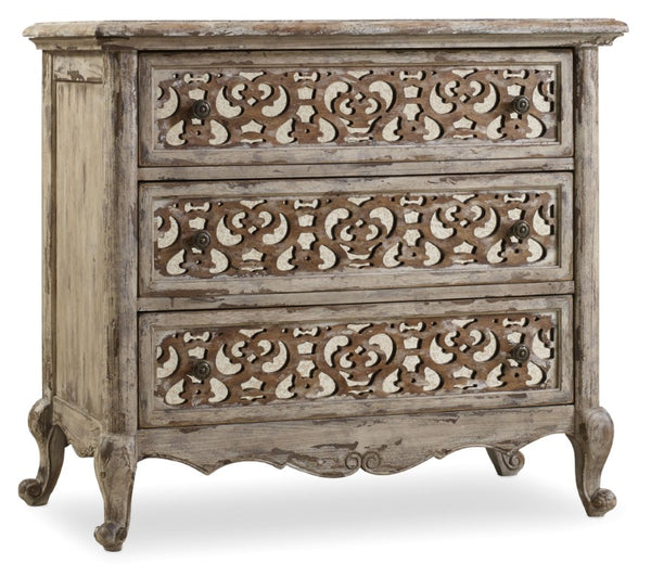 Hooker Furniture Chatelet Caramel Froth Nightstand With Fretwork & Mirrored Panels, 3 Wallpaper-Lined Drawers, Outlet 5351-90016