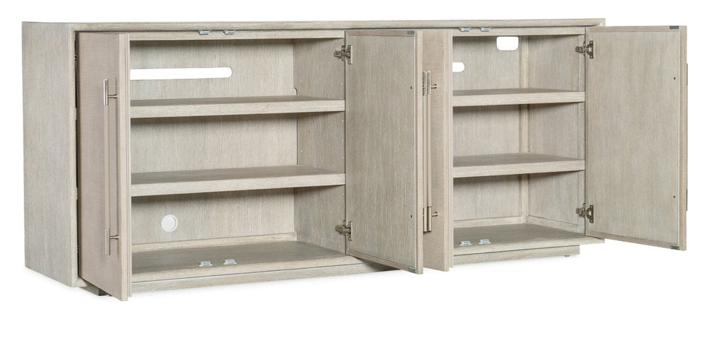 Hooker Furniture Modern Mood Entertainment Console With Quartered Oak Veneers, Raffia Doors, Soft-Close Storage & Power Light Brown 6850-55482-80