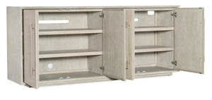 Hooker Furniture Modern Mood Entertainment Console With Quartered Oak Veneers, Raffia Doors, Soft-Close Storage & Power Light Brown 6850-55482-80