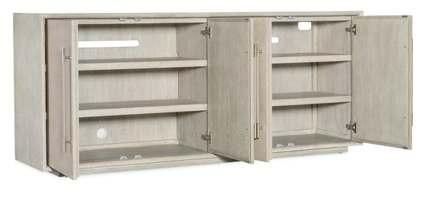 Hooker Furniture Modern Mood Entertainment Console With Quartered Oak Veneers, Raffia Doors, Soft-Close Storage & Power Light Brown 6850-55482-80