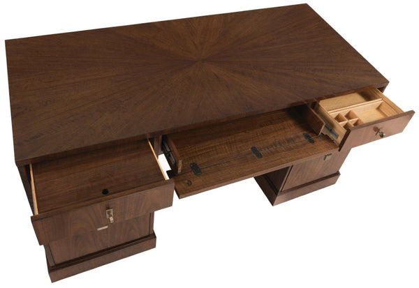 Hooker Furniture Archives Executive Desk In Classic Walnut With Satin Brass, 7-Drawer Storage, Cable Management Elegance 6123-10462-89
