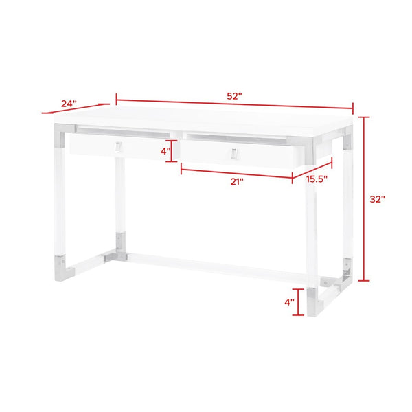 Pasargad Home Firenze Lacquer & Lucite Desk – Modern White Workspace With Storage Drawers White Lacquer & Lucite Re-3535