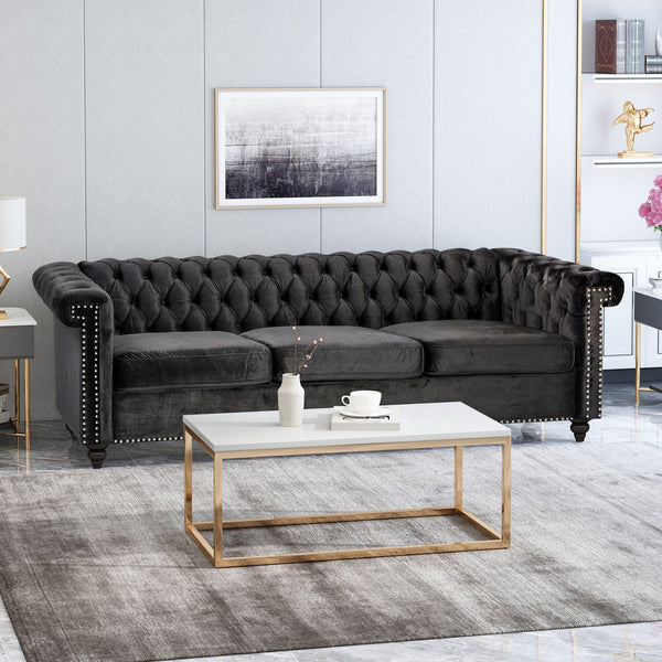 English Elm Christopher Knight Home® - SOFA Chesterfield-inspired 3-seater with deep button tufting, nailhead trim, low back and plush PU upholstery Black 68326.00NVLTBLK