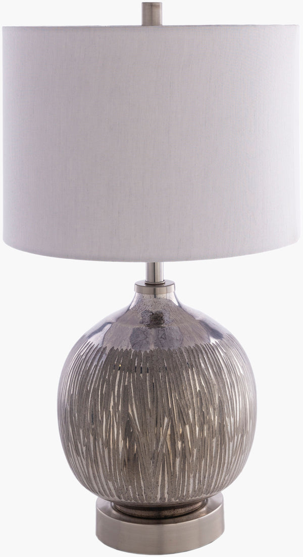 Surya Allie Modern Accent Table Lamp - 25"H X 14"W, Handcrafted Quality For Stylish Home Decor Enhance Body, Metallic ,Silver,Base, Metallic ,Nickel,Shade (Outside), White,Shade (Inside), Light Gray,Finial, Metallic ,Nickel,Harp, Metallic ,Nickel,Cord, Translucent Glass,Iron,Linen,Cotton,Aluminum Lle-001