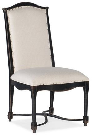Hooker Furniture Ciao Belgian-Inspired Upholstered Back Side Chair With Nailhead Trim, Scalloped Base & Aged Black Finish 5805-75310-99