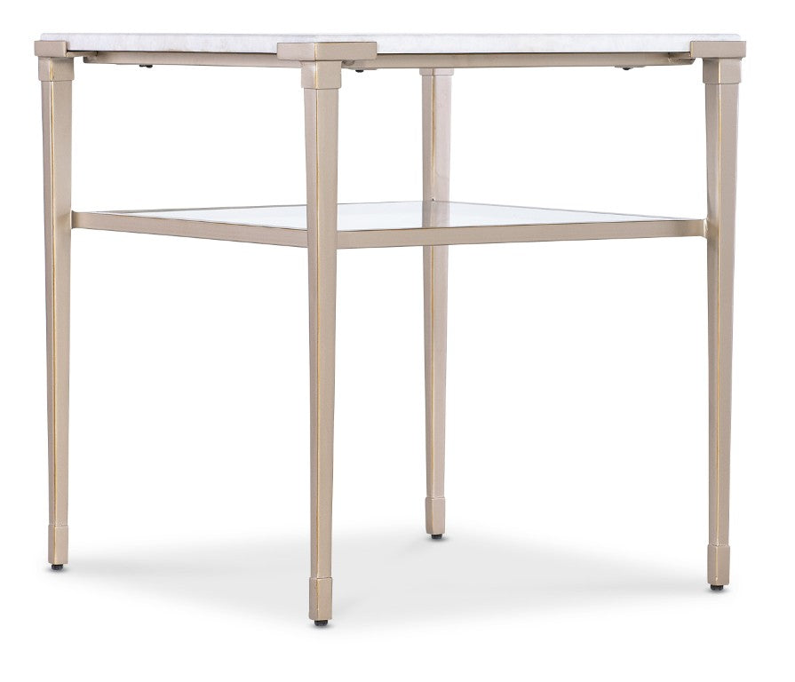 Hooker Furniture Melange Jen End Table With Natural White Stone Top, Champagne Legs & Tempered Glass Shelf, 24"H 628-80590-00