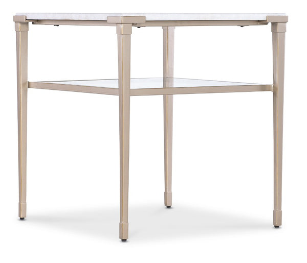 Hooker Furniture Melange Jen End Table With Natural White Stone Top, Champagne Legs & Tempered Glass Shelf, 24"H 628-80590-00
