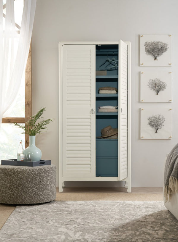 Hooker Furniture Serenity Coastal Wardrobe With Louvred Doors, Soft-Close Drawers & Shelves In Sandblasted Shell Finish 6350-90013-02
