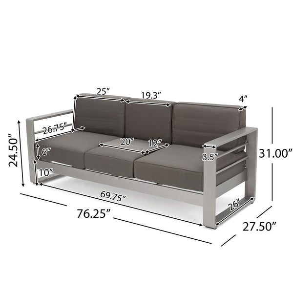 English Elm Christopher Knight Home® - CAPE modern 3-seater outdoor sofa with aluminum frame, convertible tray table, water-resistant cushions Gray 58981.00CUS