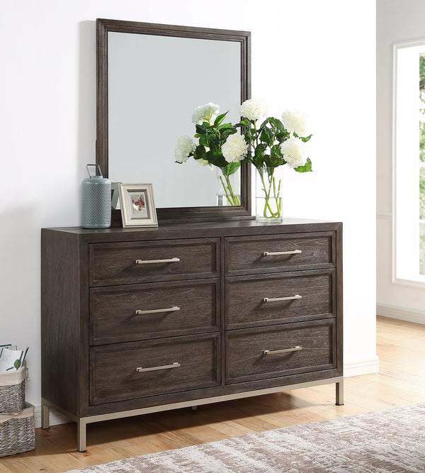 English Elm Steve Silver - Broomfield Dresser and Mirror Set Dark Brown — Walnut Finish, Champagne Metal Accents, Smooth Glide Drawers B081S00266