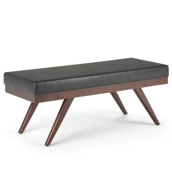 English Elm Chanelle Mid Century Ottoman Bench with Distressed Vegan Faux Leather, Solid Rubberwood Frame, 48" Black B136P159222