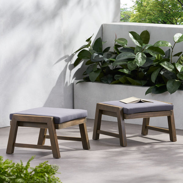 English Elm Christopher Knight Home® - Temecula Acacia Wood Outdoor Ottomans Set of 2 with Cushions — Weather-Resistant, Versatile Footrests DARK GREY 66468.00DGRY