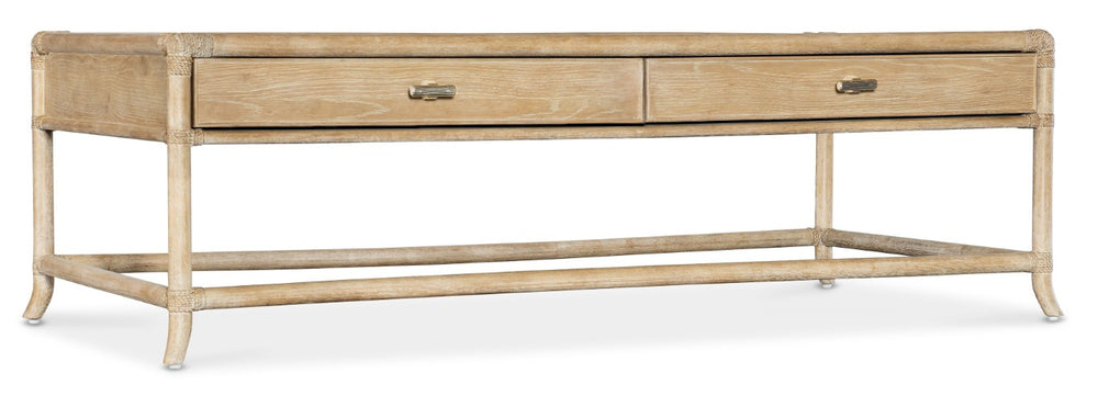 Hooker Furniture Retreat Pole Rattan Cocktail Table With Rope-Wrapped Joints, Dune Oak Veneer, Drawers, Floating Design Light Brown 6950-80210-80