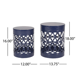 English Elm Outdoor Powder-coated Iron Nesting Accent Tables Set of 2 Laser-cut Circle Design Navy Blue 73606.00NBLU
