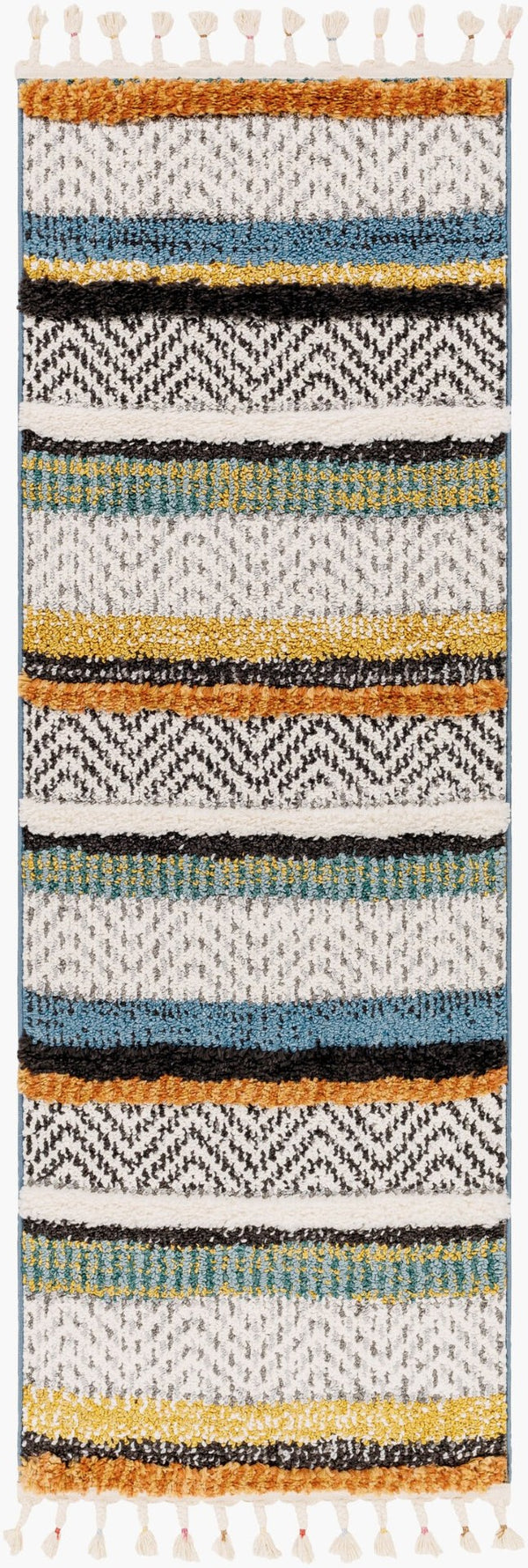 Livabliss Lofty Bohemian Polypropylene Accent Rug with Plush Pile and Artisan Fringe Border White, Black 2'7" x 7'3" LOF2304-2773