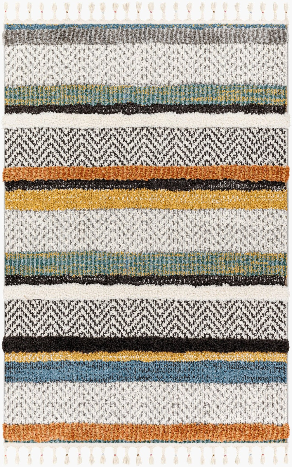 Livabliss Lofty Bohemian Polypropylene Accent Rug with Plush Pile and Artisan Fringe Border White, Black 9'2" x 12' LOF2304-9212
