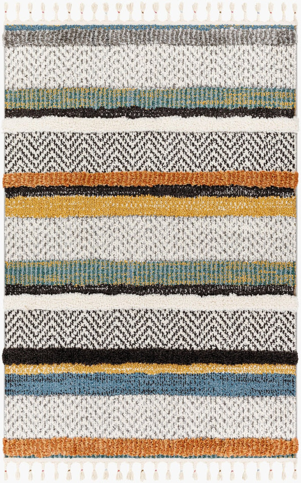 Livabliss Lofty Bohemian Polypropylene Accent Rug with Plush Pile and Artisan Fringe Border White, Black 9'2" x 12' LOF2304-9212