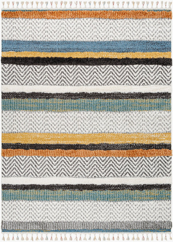 Livabliss Lofty Bohemian Polypropylene Accent Rug with Plush Pile and Artisan Fringe Border White, Black 7'10" x 10'2" LOF2304-710102
