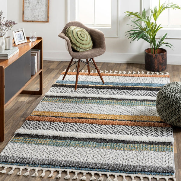 Livabliss Lofty Bohemian Polypropylene Accent Rug with Plush Pile and Artisan Fringe Border White, Black 7'10" x 10'2" LOF2304-710102