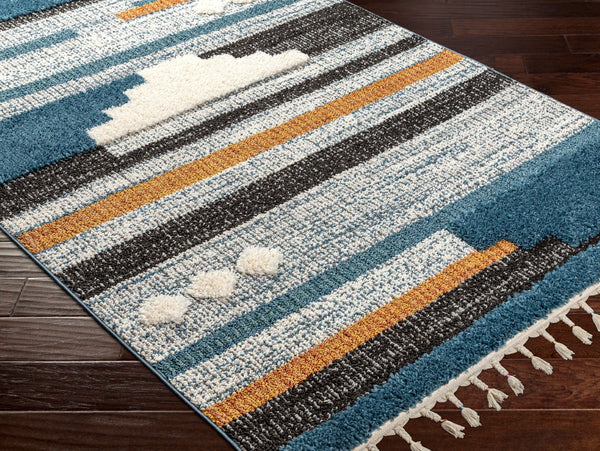 Livabliss Lofty Global Pattern Polypropylene Runner Rug with Fringe Trim for Hallways Blue, White 5'3" x 7' LOF2305-537