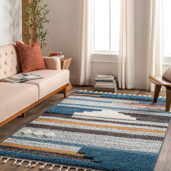 Livabliss Lofty Global Pattern Polypropylene Runner Rug with Fringe Trim for Hallways Blue, White 5'3" x 7' LOF2305-537
