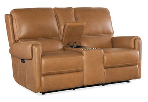 Hooker Furniture Somers Power Reclining Console Loveseat With Zero-Gravity Recline, Usb, Cupholders, Leather_Too Light Brown SS718-PHZC2-080