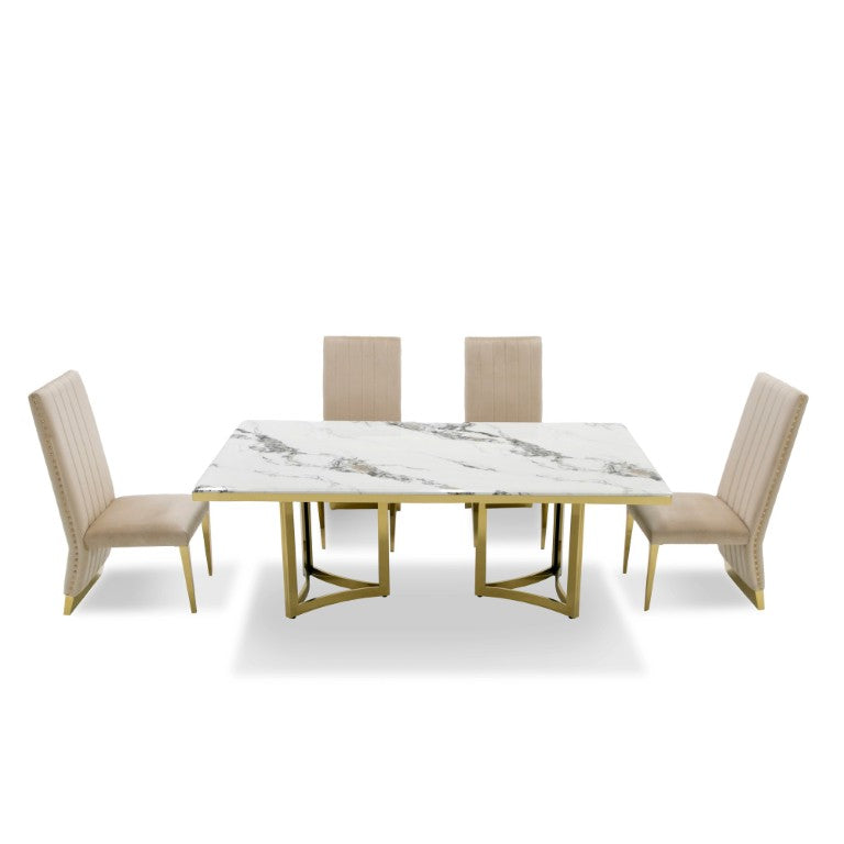 VIG Furniture Loomis White Marble Dining Table With Gold Double-Pedestal Base, Seats 8, Durable 20Mm Top, Polished Finish VGZAT1301