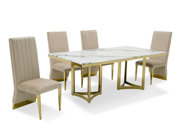 VIG Furniture Loomis White Marble Dining Table With Gold Double-Pedestal Base, Seats 8, Durable 20Mm Top, Polished Finish VGZAT1301