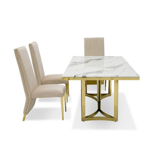 VIG Furniture Loomis White Marble Dining Table With Gold Double-Pedestal Base, Seats 8, Durable 20Mm Top, Polished Finish VGZAT1301
