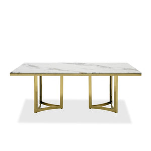 VIG Furniture Loomis White Marble Dining Table With Gold Double-Pedestal Base, Seats 8, Durable 20Mm Top, Polished Finish VGZAT1301