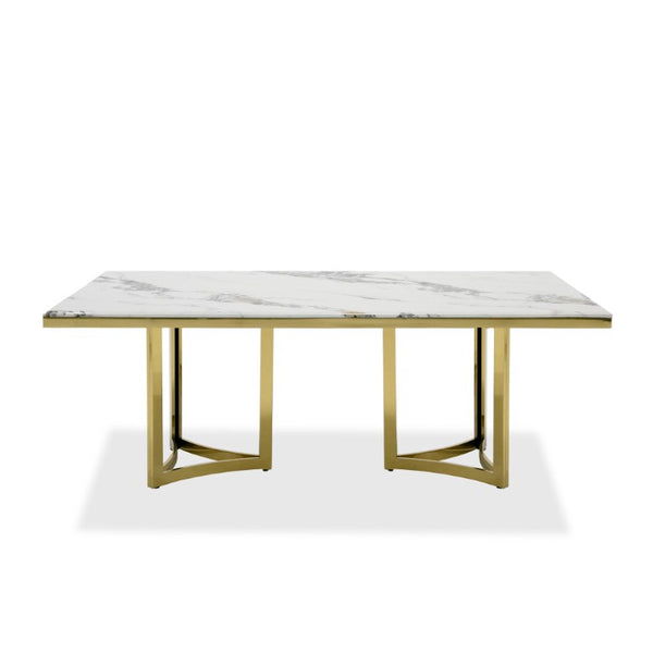 VIG Furniture Loomis White Marble Dining Table With Gold Double-Pedestal Base, Seats 8, Durable 20Mm Top, Polished Finish VGZAT1301