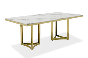 VIG Furniture Loomis White Marble Dining Table With Gold Double-Pedestal Base, Seats 8, Durable 20Mm Top, Polished Finish VGZAT1301