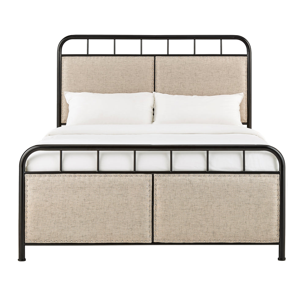 Homelegance By Top-Line Luiza Beige Upholstered Black Metal Queen Bed Brown Metal