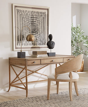 Hooker Furniture Retreat Coastal Pole Rattan Writing Desk With Dune Oak Veneer, 3 Drawers, Keyboard Ready, Rope Accents Light Wood 6950-10458-80