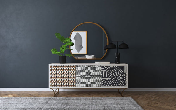 Hooker Furniture Commerce Jaiden Three Door Credenza With Hand-Placed Bone Inlay, Mango Wood, Brass Base, Wire Mgmt 7228-55010-02